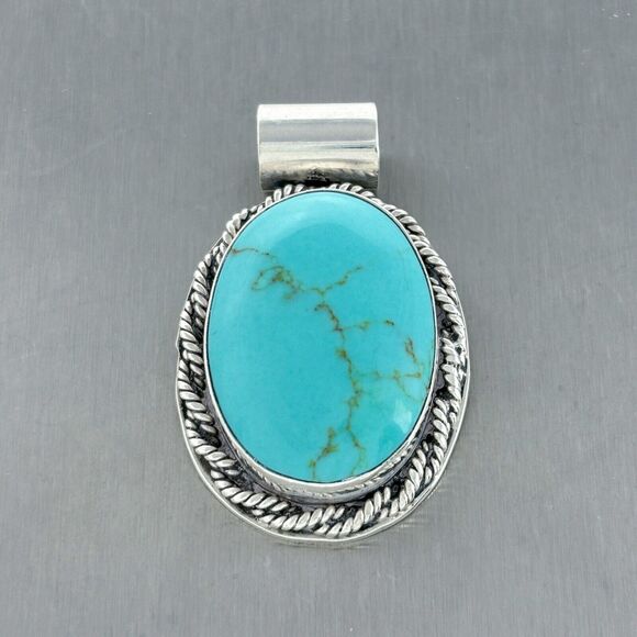 Vintage Mexico Sterling Silver 925 Rope Frame Blue Magnesite Pendant - Picture 5 of 6